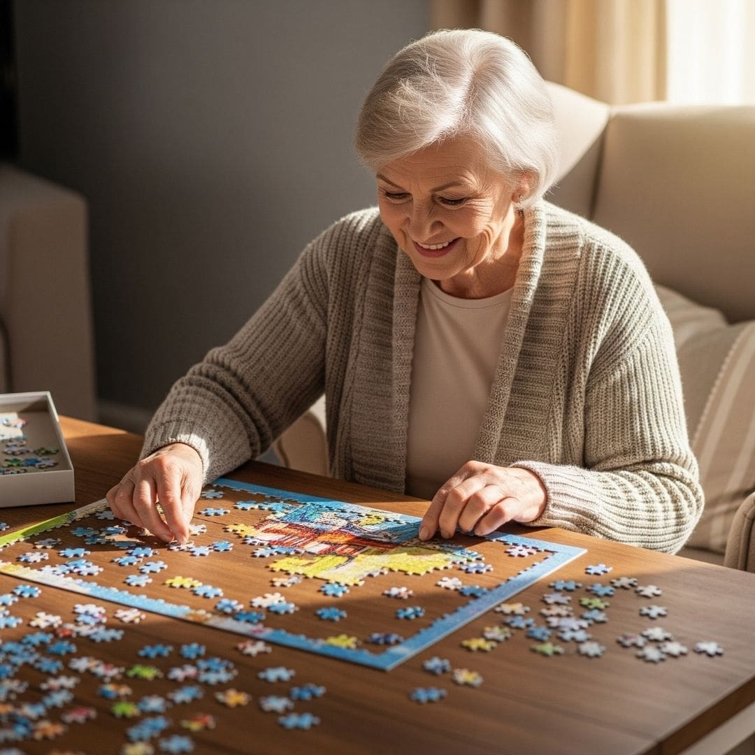 A senior woman smiling while doing a jigsaw puzzle.