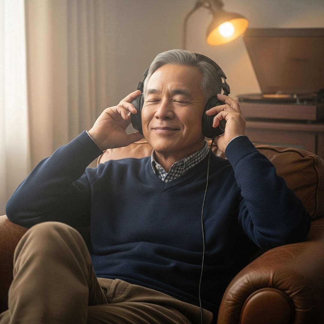 A senior man listening to music with headphones.