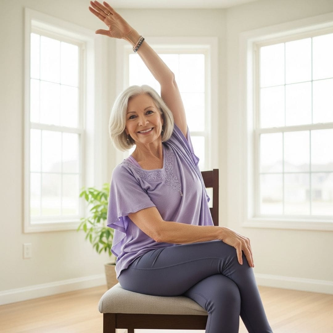 A senior woman doing gentle chair yoga in a sunny living room.