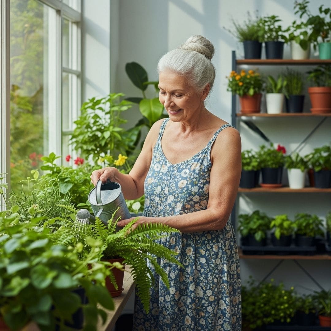 A senior woman tending to indoor plants.
