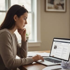 The woman sits at a wooden table, intently reviewing "Home Health Care Options" on her laptop, with a thoughtful expression.