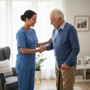 The cheerful caregiver gently supports an elderly man using a cane in a brightly lit room.