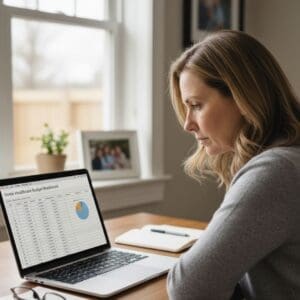 A middle-aged woman focuses intently on a laptop screen displaying a "Home Healthcare Budget Breakdown" spreadsheet at a well-lit desk.