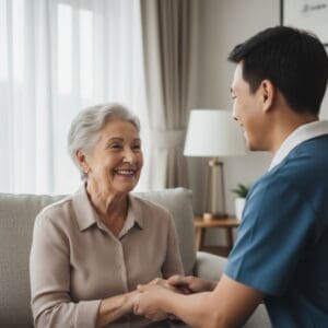 An elderly woman and a friendly male caregiver sit on a sofa, smiling and looking at each other