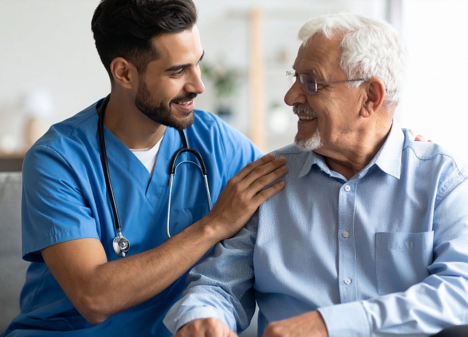 Nurse, senior woman and smile with support at retirement home, helping hand and trust of medical wellness. Happy, people and caregiver with gratitude, respect and healthcare advice in living room