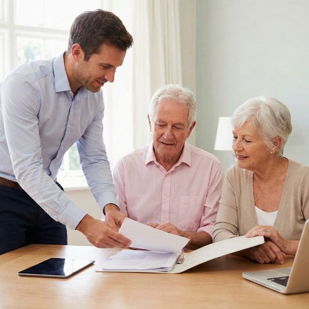 A professional man helps an elderly couple with paperwork at a desk