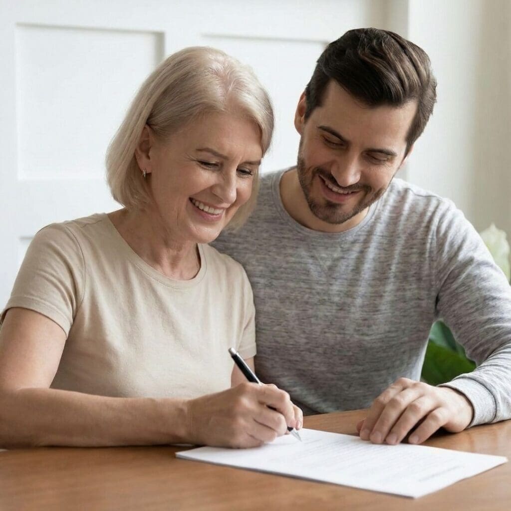 A smiling senior woman signs a document while her adult son looks on