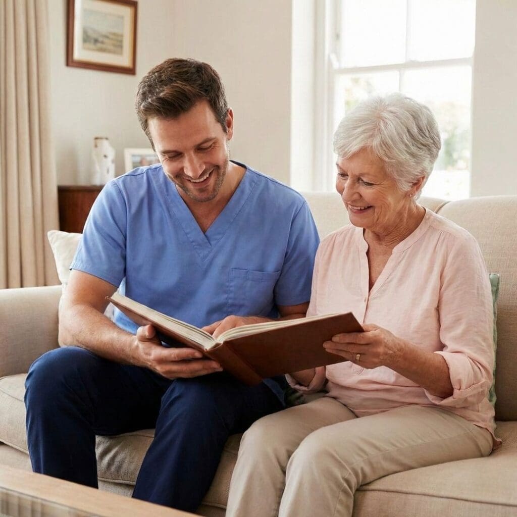 A male caregiver smiles as he looks through a photo album with a senior woman on a couch