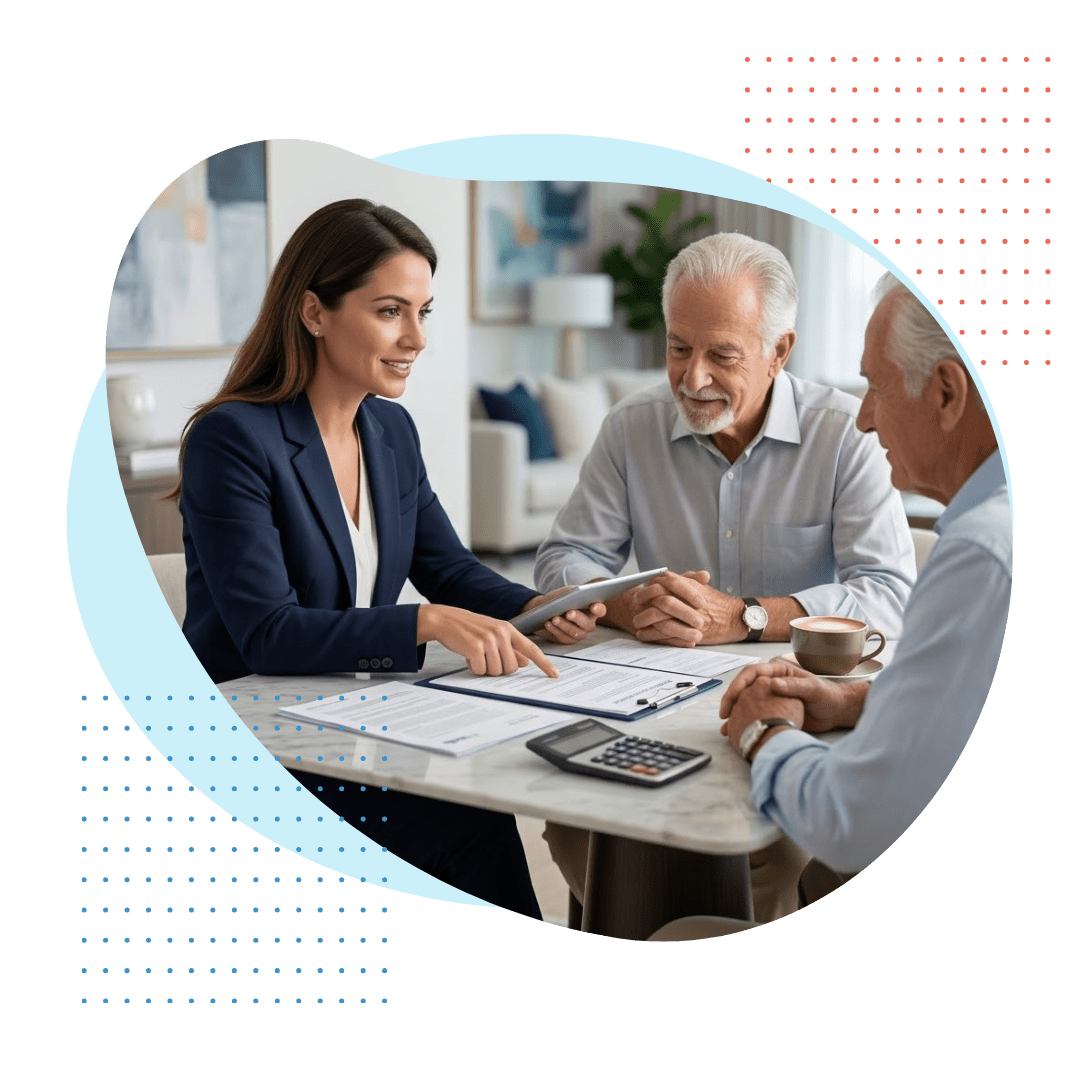 A polished female Best Care consultant in business attire, actively pointing to and explaining long-term care insurance policy documents to an elderly couple seated at a large, modern marble table in a luxurious Bal Harbour residence.