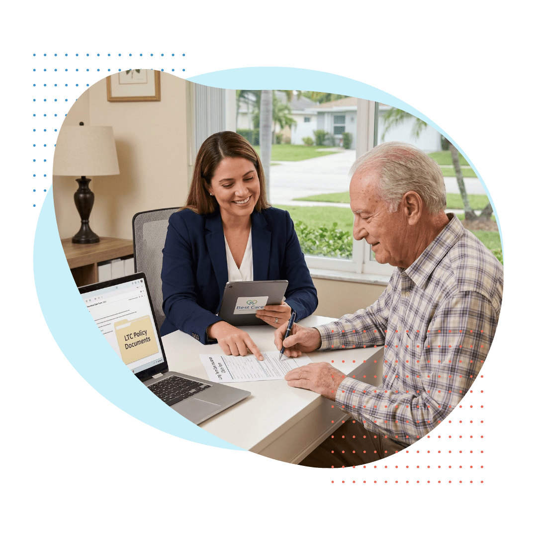 An elderly man, looking relieved and secure, is seated across a clean wooden desk from a knowledgeable Best Care insurance specialist (female, professional business attire), who is pointing to a specific line on a complex 'LTC INSURANCE' form while explaining clearly.