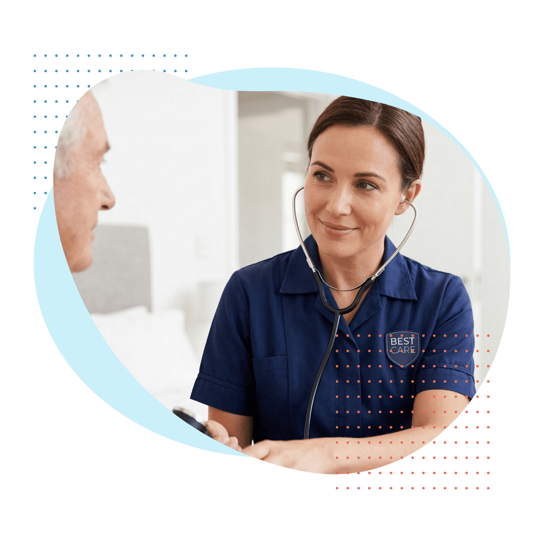 A professional Best Care Registered Nurse in a private home setting, carefully checking the blood pressure of an elderly patient.