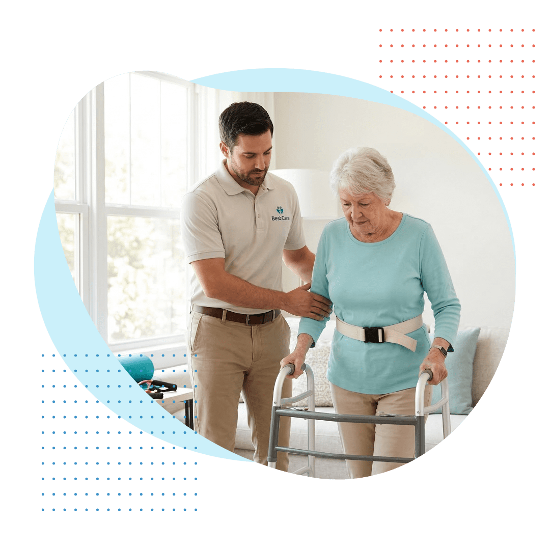 A Best Care caregiver assisting an elderly woman with mobility exercises using a walker inside a well-lit living room, focused on post-rehabilitation recovery.