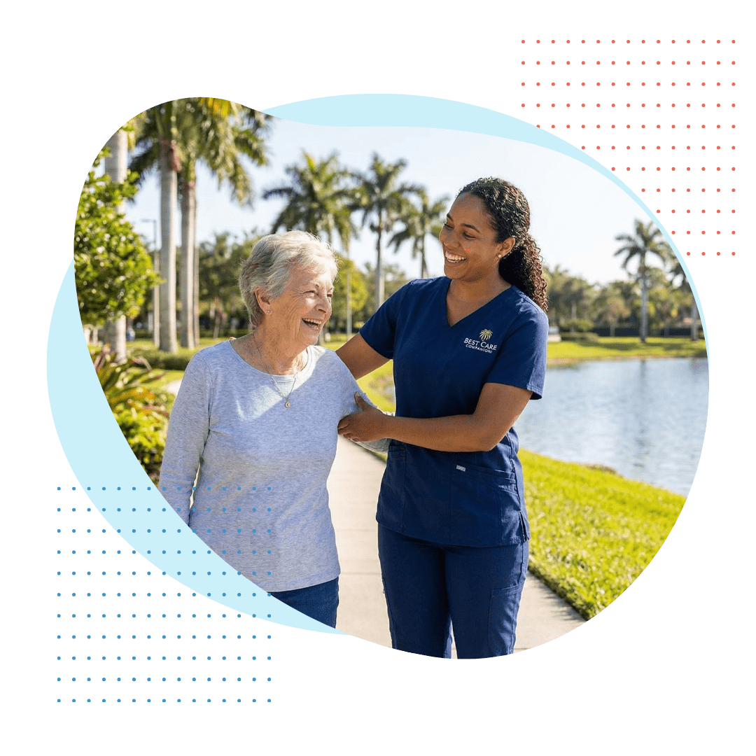 a friendly female Best Care caregiver facilitating a stretching activity with a smiling elderly woman, emphasizing integrated community care.