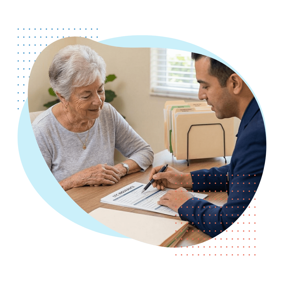 a male Best Care claims specialist (professional navy blazer) expertly points to complex LTC insurance paperwork, while an elderly woman looks relieved, emphasizing expert claims assistance and support.
