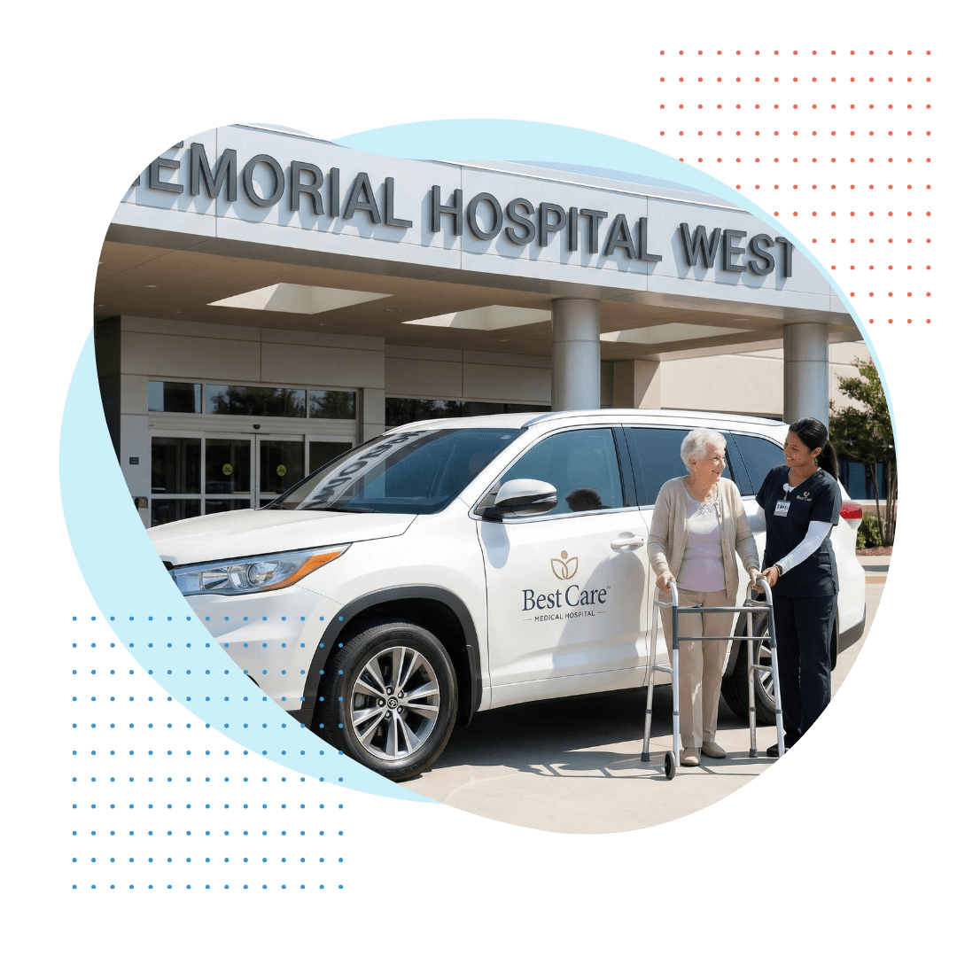 A square outdoor photograph showing a Best Care staff member assisting a smiling elderly woman with a walker toward a vehicle in front of the clearly visible 'MEMORIAL HOSPITAL WEST' entrance in Pembroke Pines.