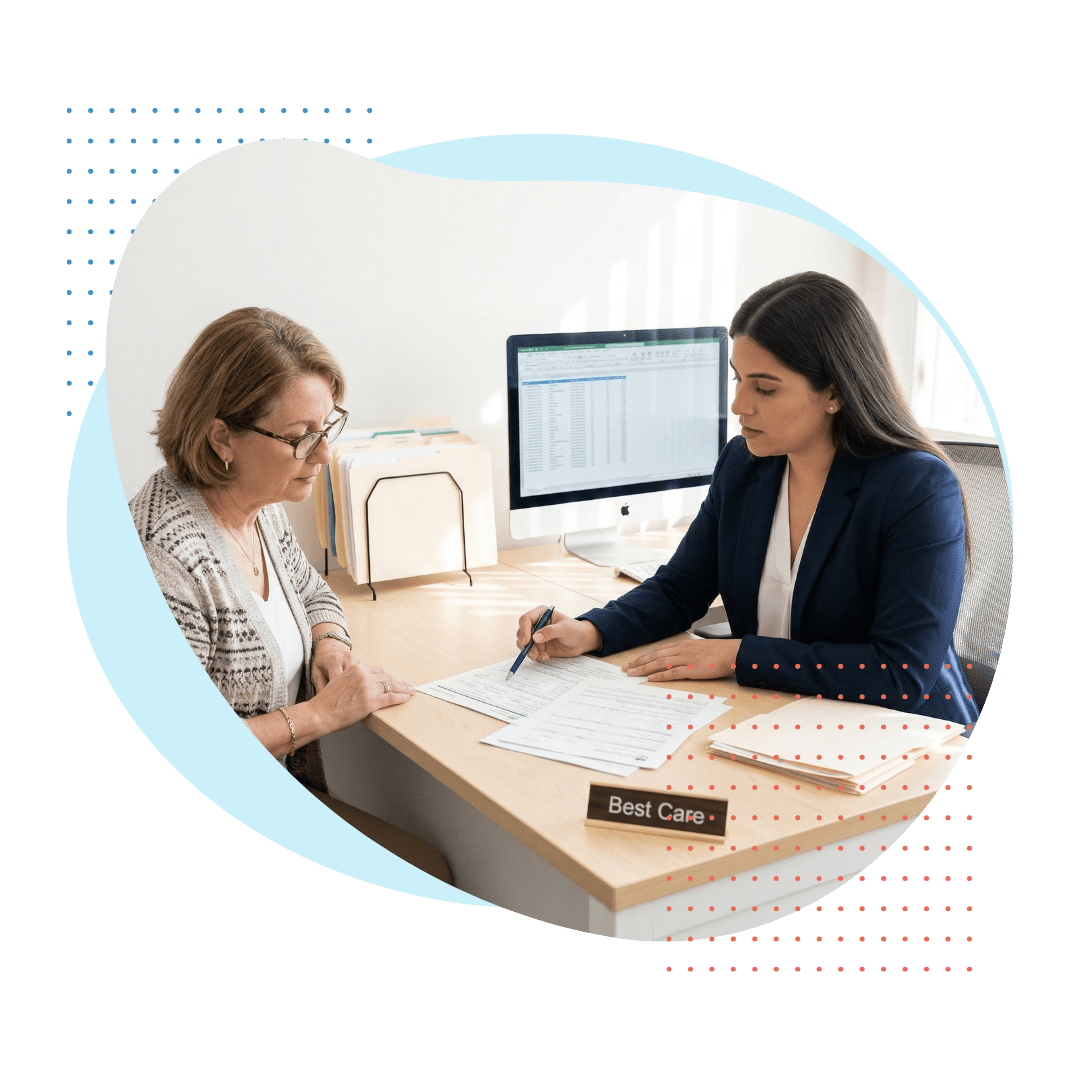 A square photograph capturing a calm, bright office interaction: a mature senior woman and a professional Best Care claims specialist sit collaboratively at a sunlit desk, focused on reviewing and signing complex insurance documents in Pembroke Pines.