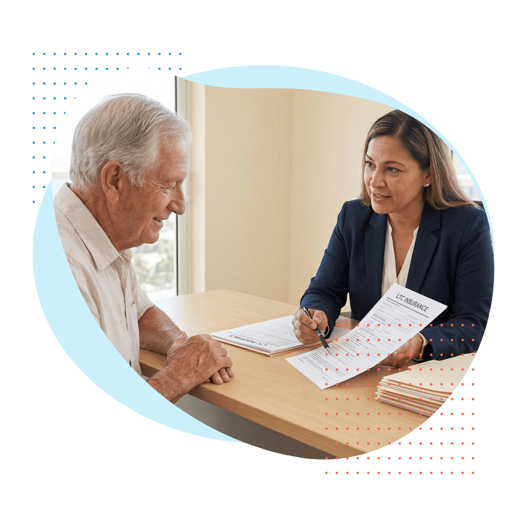 An elderly man, looking relieved and secure, is seated across a clean wooden desk from a knowledgeable Best Care insurance specialist (female, professional business attire), who is pointing to a specific line on a complex 'LTC INSURANCE' form while explaining clearly.