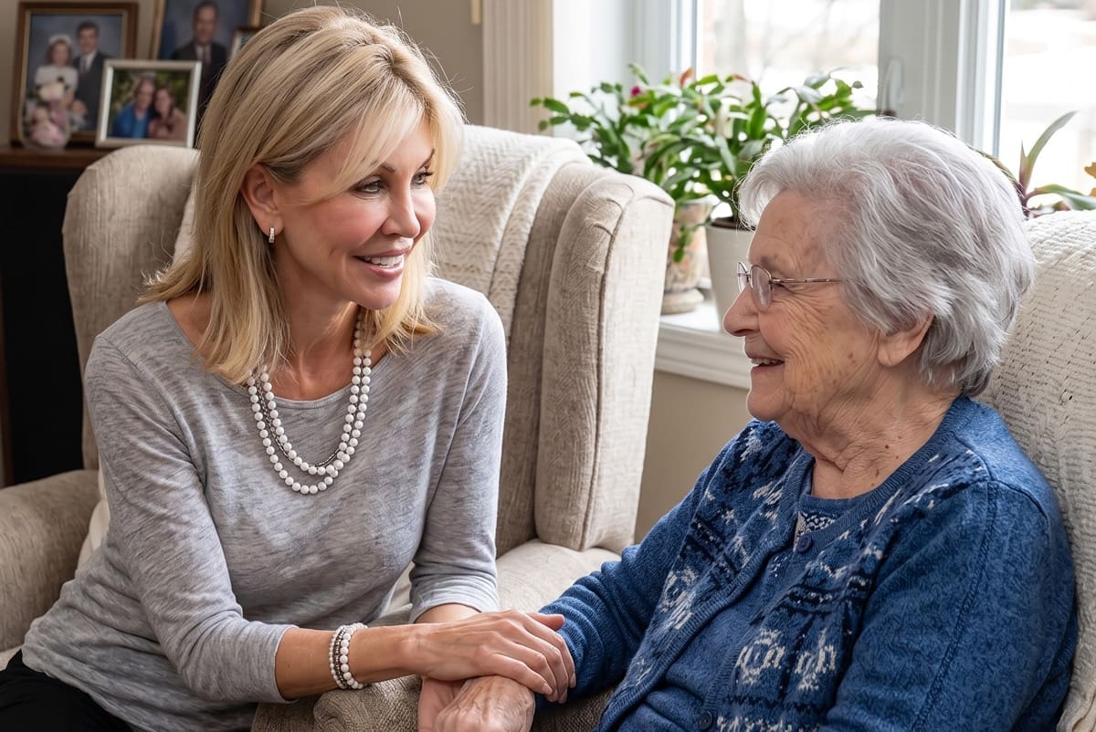 A compassionate care coordinator assists an elderly man with his medical paperwork at his kitchen table, showing dedicated support.